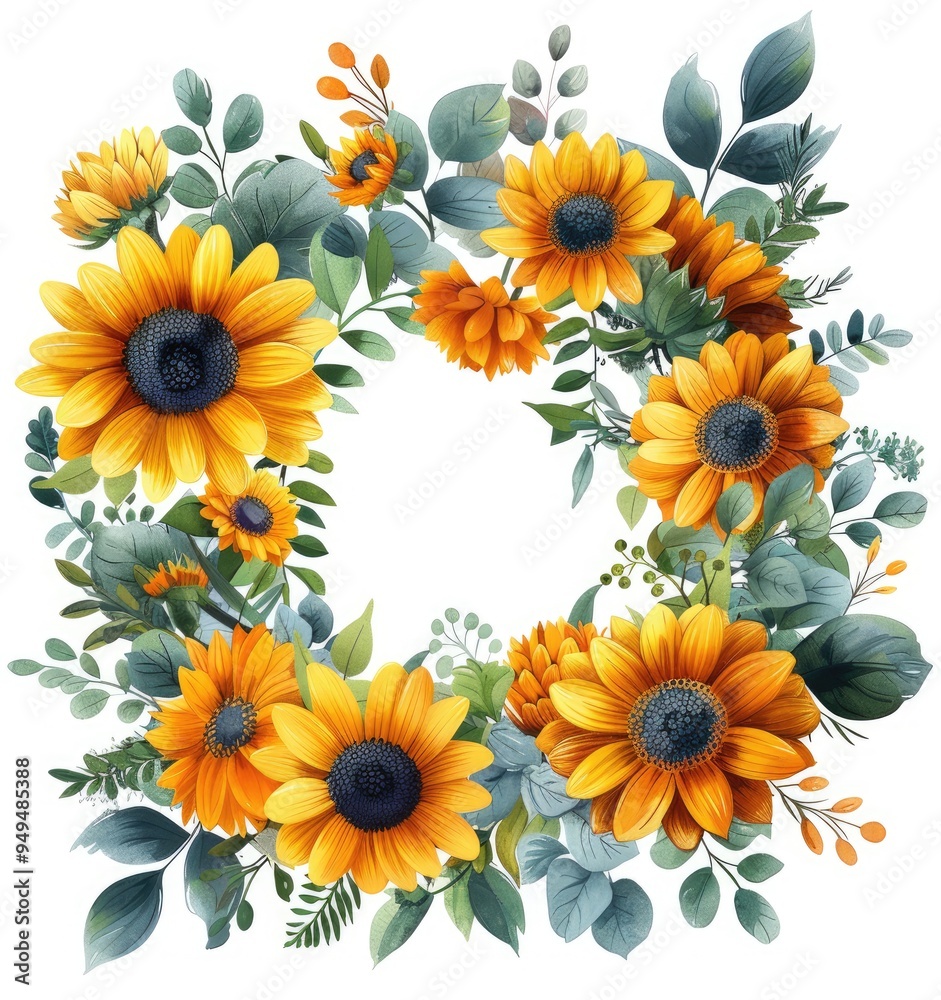 border with yellow and white daffodils, hydrangeas, ivy leaves, and eucalyptus leaves border with yellow and white daffodils, hydrangeas, ivy leaves, and eucalyptus leaves