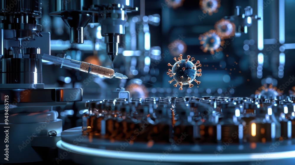 Illustrating the process of administering a virus vaccine in a hightech laboratory setting through a 3D animation Illustrating the process of administering a virus vaccine in a hightech laboratory setting through a 3D animation