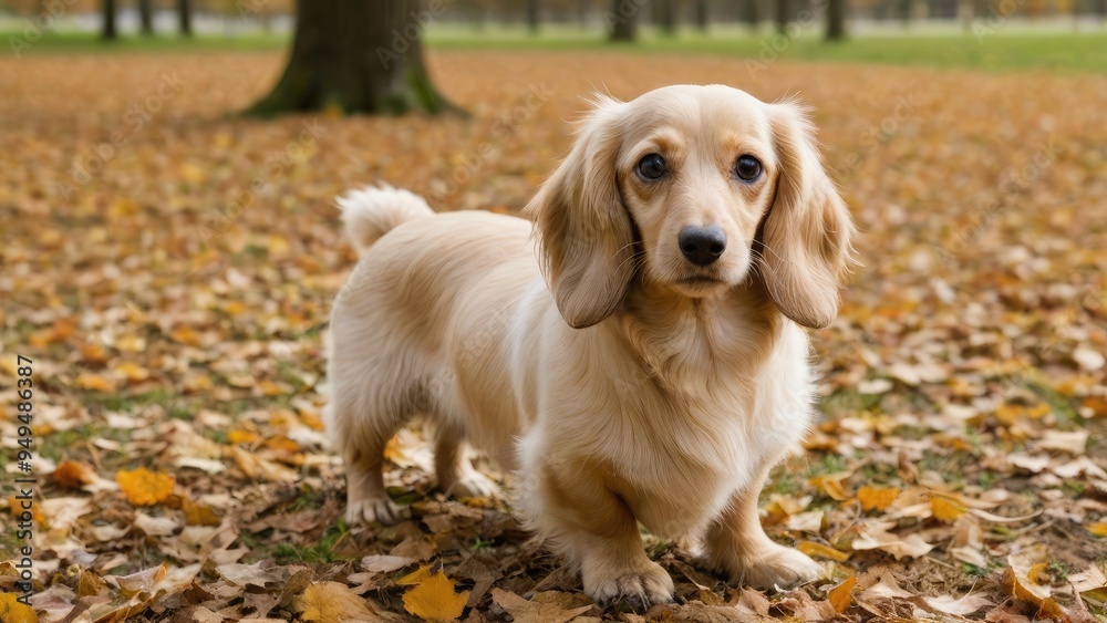 Cream long haired dachshund dog in the park Cream long haired dachshund dog in the park