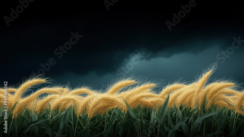 Golden Wheat Field Under Dark Stormy Sky - Dramatic Agricultural Landscape with Lush Green Stalks and Ripening Wheat Heads photo