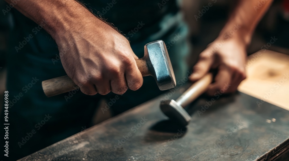 High view handyman hammering a piece of metal High view handyman hammering a piece of metal