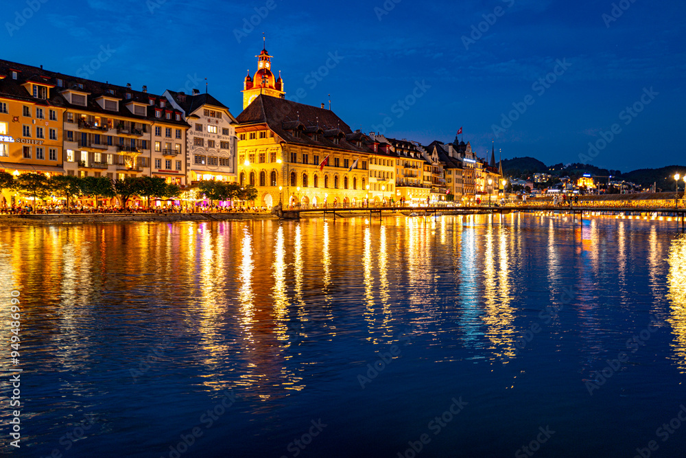 Lucern city with famous Chapel Bridge. Riverfront in Lucerne, Swiss. Lucerne city view. Canton of Lucerne. Lucern Switzerland. Sunrise in historic city center of Lucerne with lake. Lucern city with famous Chapel Bridge. Riverfront in Lucerne, Swiss. Lucerne city view. Canton of Lucerne. Lucern Switzerland. Sunrise in historic city center of Lucerne with lake.