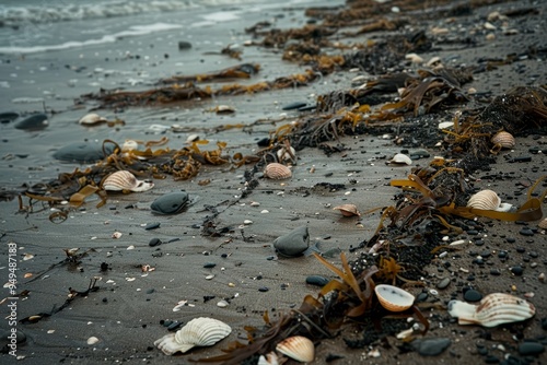 A beach covered in numerous sea shells and scattered seaweed, Shells and seaweed scattered along the beach