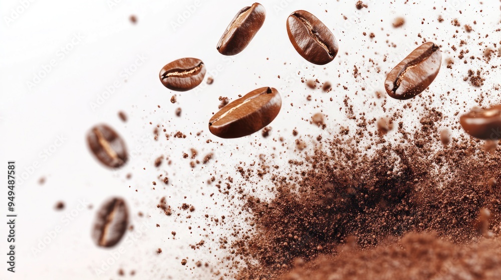 Roasted coffee beans suspended in midair with a burst of fine coffee grounds and powder, capturing the dynamic and aromatic essence of coffee in motion. Roasted coffee beans suspended in midair with a burst of fine coffee grounds and powder, capturing the dynamic and aromatic essence of coffee in motion.