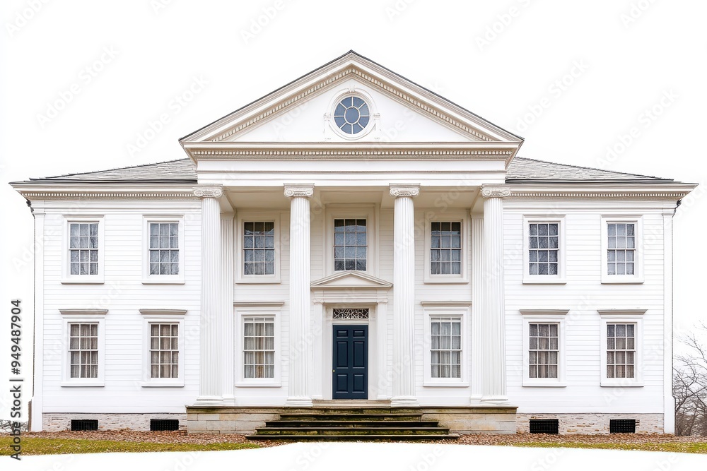 Fototapeta premium A classic white-columned mansion with a pediment and symmetrical windows.