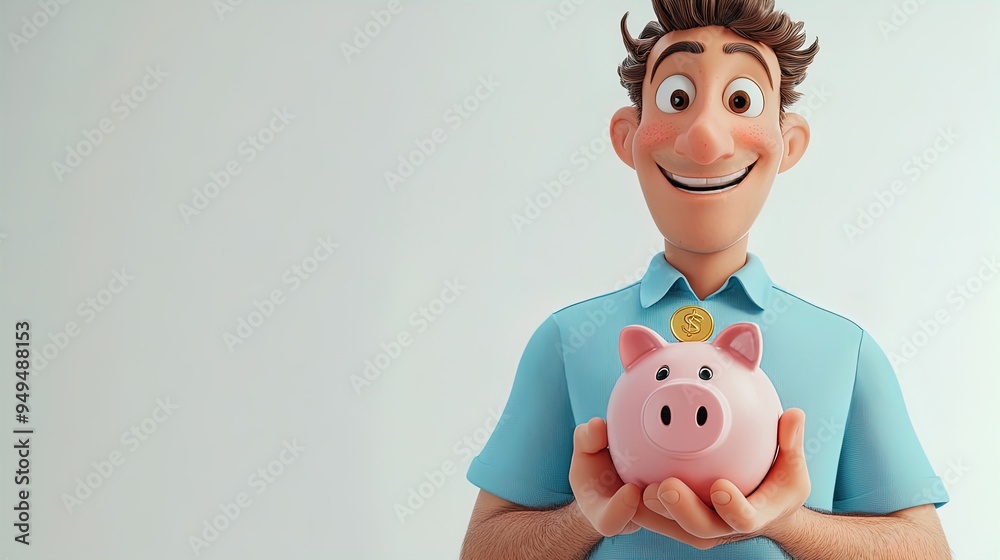 Cheerful Animated Man with Gold Coin and Pink Piggy Bank: Perfect Poster for Inspiring Financial Goals in Sports Interiors! Cheerful Animated Man with Gold Coin and Pink Piggy Bank: Perfect Poster for Inspiring Financial Goals in Sports Interiors!