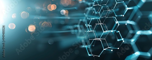 Abstract tech background with interconnected hexagons and luminous effects, representing data networks and technological growth, with ample copy space. photo