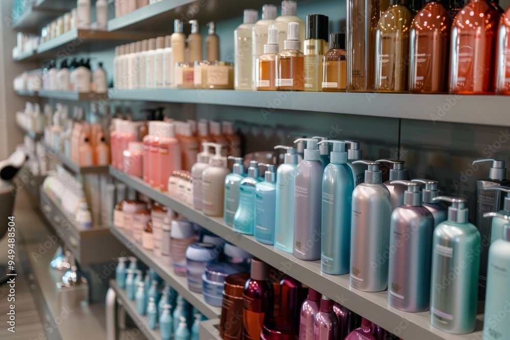 A shelf crowded with various colored bottles, likely containing high-end hair products, Shelves stocked with high-end hair products and tools, neatly organized and displayed A shelf crowded with various colored bottles, likely containing high-end hair products, Shelves stocked with high-end hair products and tools, neatly organized and displayed