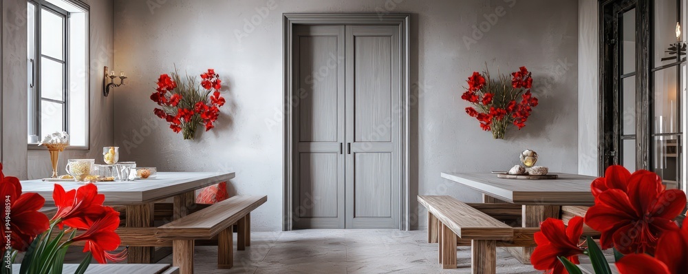 Naklejka premium Grey breakfast area with refined doorways, alder wood, and bright amaryllis.