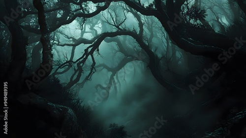 A fog-filled dark forest with deep shadows and twisted forms