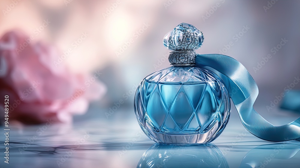 Elegant Blue Perfume Bottle with Silver Accents: A Luxurious Poster for Stylish Interiors, Perfect for Elevating Space with Soft Pastel Background and Chic Silk Ribbon Detail Elegant Blue Perfume Bottle with Silver Accents: A Luxurious Poster for Stylish Interiors, Perfect for Elevating Space with Soft Pastel Background and Chic Silk Ribbon Detail