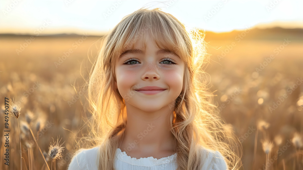 Happy Little Girl Smiling in Wheat Field at Sunset Happy Little Girl Smiling in Wheat Field at Sunset