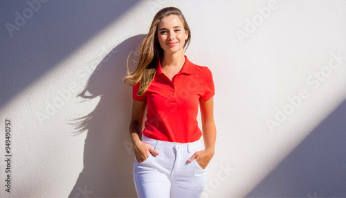 A portrait of a woman wearing a red polo shirt and white skinny pants.