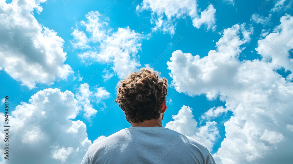 Man Looking Up at the Sky with White Clouds Man Looking Up at the Sky with White Clouds