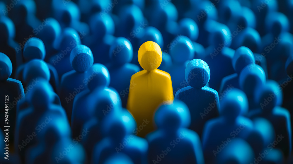Fototapeta premium A single yellow figure stands out among a crowd of blue figures.
