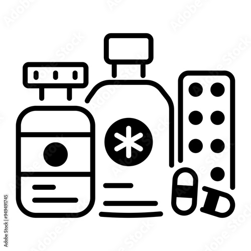 A line style icon of medicines blisters and jars 