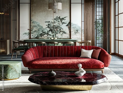 Eloquent digital design Japanese living with ruby sofa, onyx coffee table, and sage dining.