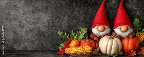 A trio of gnomes harvesting fall crops like corn, pumpkins, and squash, preparing for Thanksgiving, Thanksgiving gnomes, gnomes harvesting crops photo