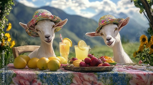 Playful Goats in Quirky Hats Enjoying a Sunny Picnic: Perfect Poster for a Fun, Sporty Atmosphere in Kids' Rooms or Outdoor Cafés! photo