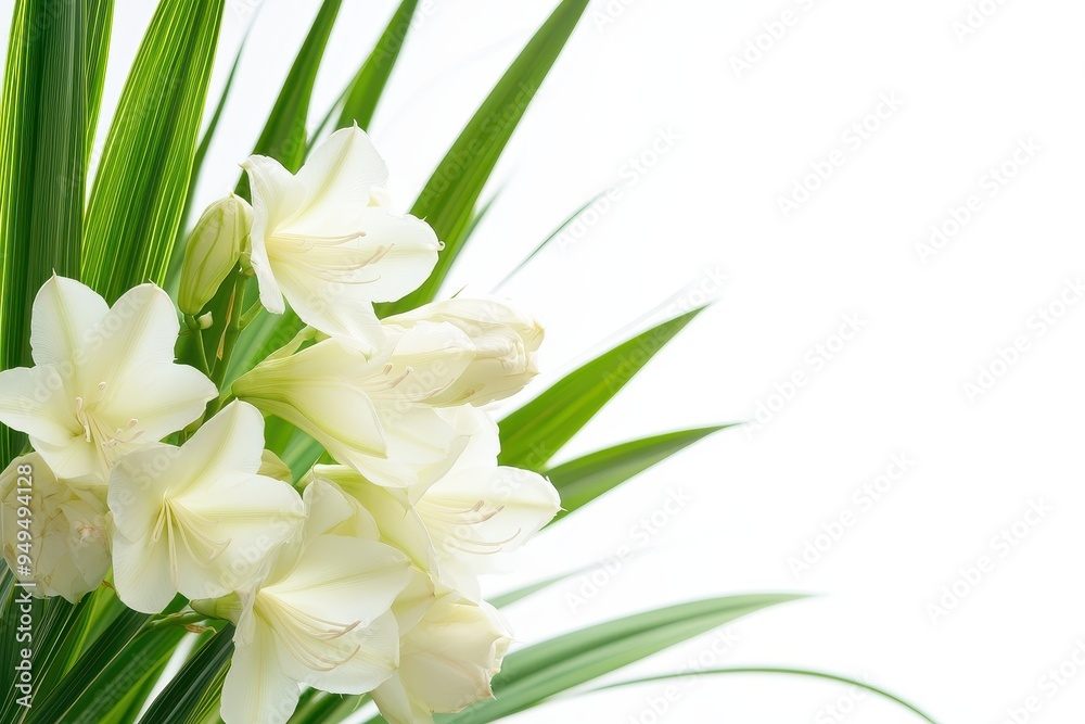 A cluster of elegant white flowers surrounded by green leaves against a bright background. A cluster of elegant white flowers surrounded by green leaves against a bright background.