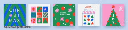 Merry Christmas and Happy New Year Set of greeting card, poster, holiday cover. Modern Xmas design in simple geometric style in green, red, pink and blue colors for ads, sales, print, season greetings