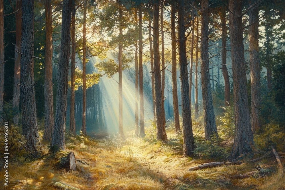 Obraz premium Observing the sunlight filtering through the trees in a forest, surrounded by a natural landscape of terrestrial plants, trunks, twigs, grass, and various shades of wood , ai