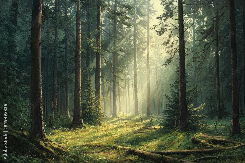 Obraz premium Observing the sunlight filtering through the trees in a forest, surrounded by a natural landscape of terrestrial plants, trunks, twigs, grass, and various shades of wood , ai