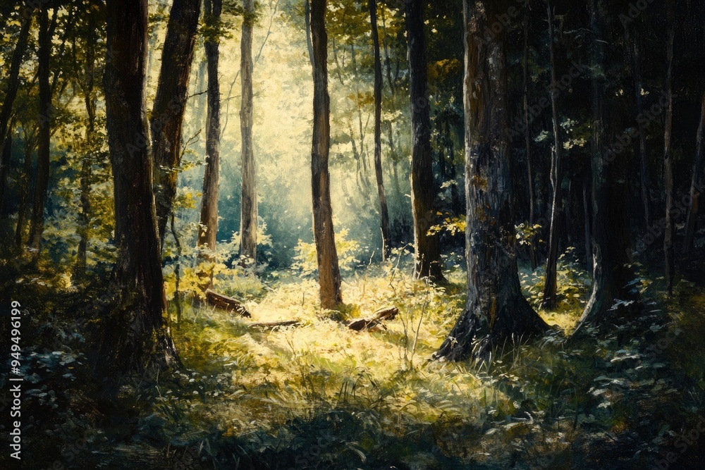 Obraz premium Observing the sunlight filtering through the trees in a forest, surrounded by a natural landscape of terrestrial plants, trunks, twigs, grass, and various shades of wood , ai