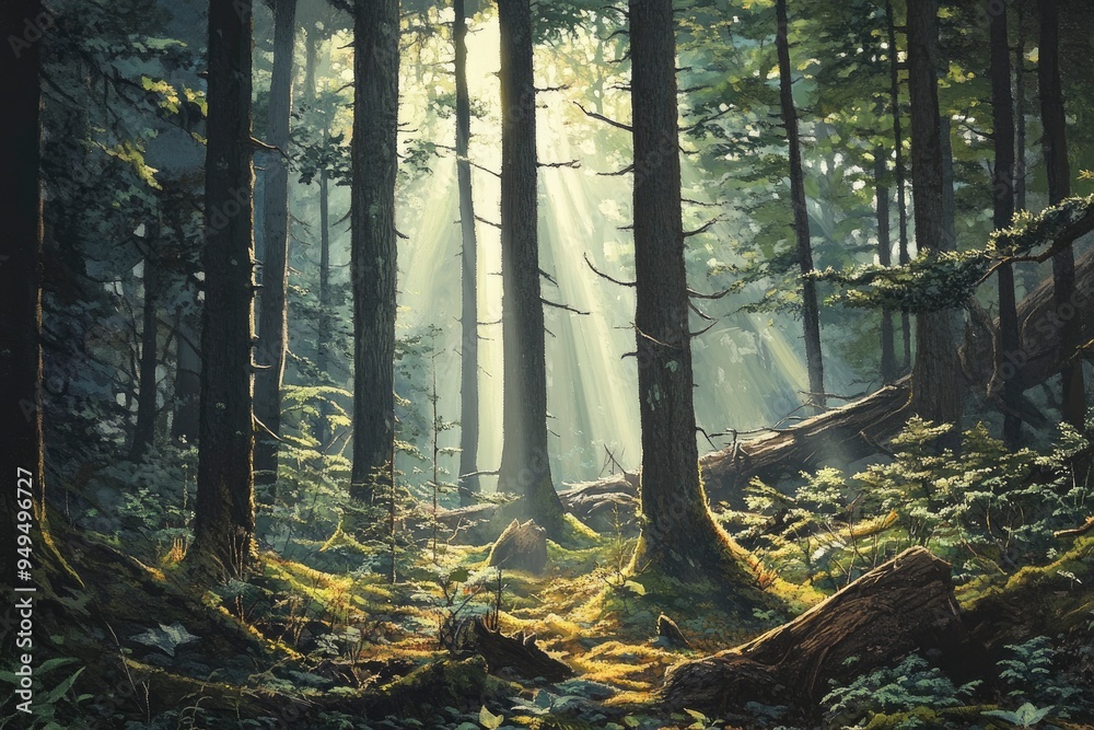 Obraz premium Observing the sunlight filtering through the trees in a forest, surrounded by a natural landscape of terrestrial plants, trunks, twigs, grass, and various shades of wood , ai