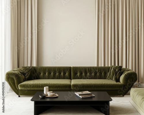 Opulent living with olive green couches, a minimal black table, and soft drapes. photo