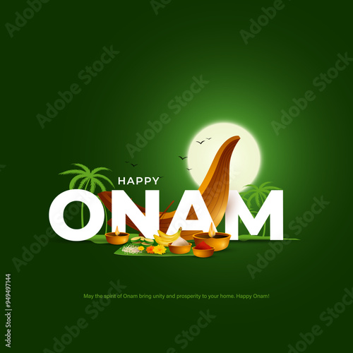 Happy Onam Festival concept with rowing a snake boat during the 'Onam' festival. Happy Onam celebration greetings