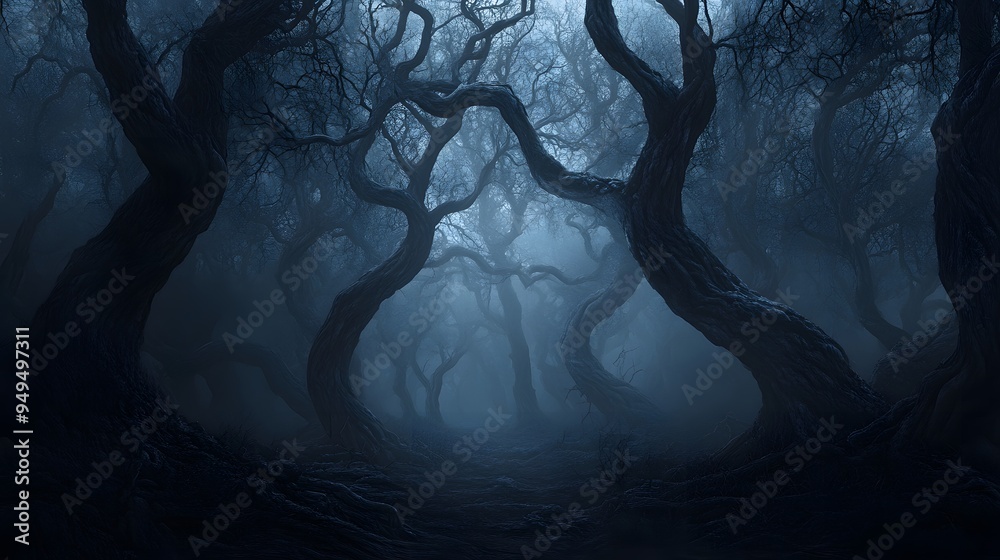 A spooky atmosphere with hidden creatures and twisted trees in a dark forest A spooky atmosphere with hidden creatures and twisted trees in a dark forest