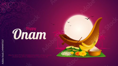 Happy Onam Festival concept with rowing a snake boat during the 'Onam' festival. Happy Onam celebration greetings