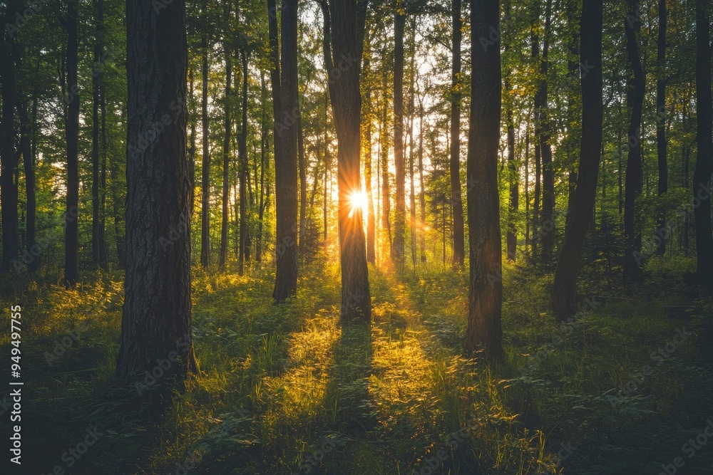Fototapeta premium Observing the sunlight filtering through the trees in a forest, surrounded by a natural landscape of terrestrial plants, trunks, twigs, grass, and various shades of wood , ai