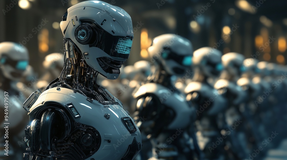 army made up of humanoid robots, standing in formation, sci-fi movie scene army made up of humanoid robots, standing in formation, sci-fi movie scene
