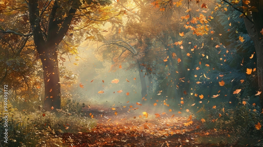 Serene autumn landscape golden leaves fall as warmth fades in tranquil forest scene Serene autumn landscape golden leaves fall as warmth fades in tranquil forest scene