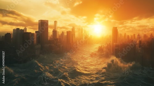 city submerged by a tsunami natural disaster flooding in an urban environment