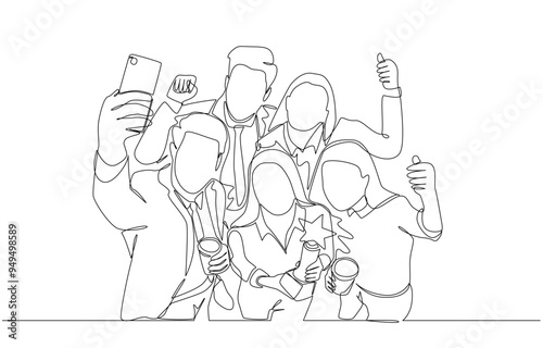 Continuous one line drawing of businesspeople taking selfies to celebrate business award, team celebration concept, single line art.