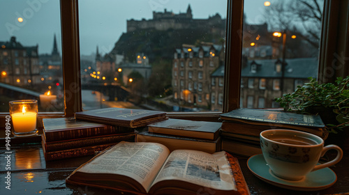 A cozy coffee shop in Edinburgh, with large windows overlooking the city and castle with old stone houses, books on the table, tea cups and candles, romantic vibes