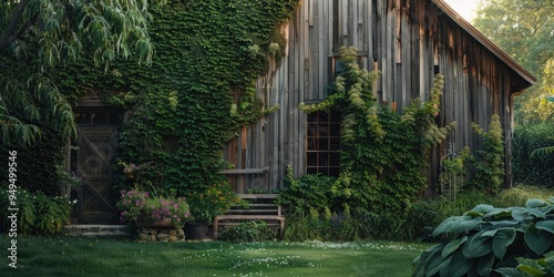 An old barn enveloped in vibrant ivy and lush foliage reimagined as an art studio photo