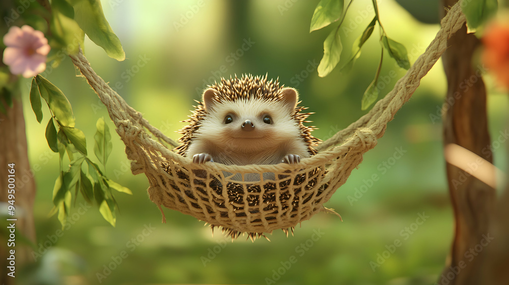 An adorable hedgehog is lounging in a small hammock strung between two plants An adorable hedgehog is lounging in a small hammock strung between two plants