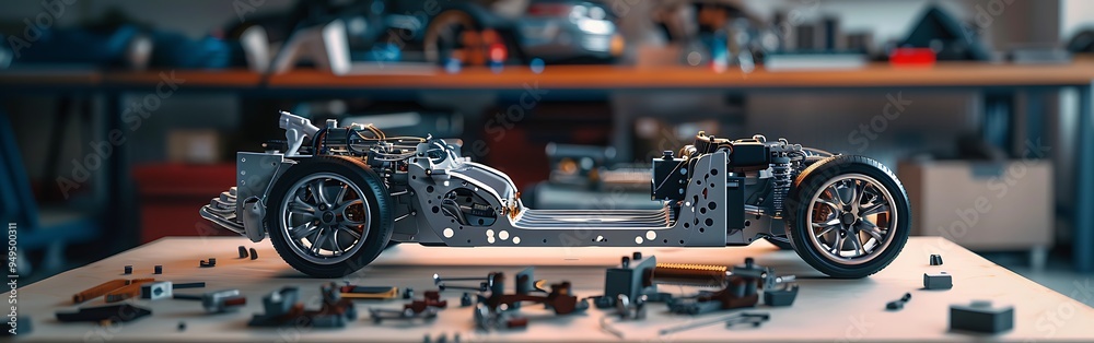 Fototapeta premium disassembled electric car components in a workshop.