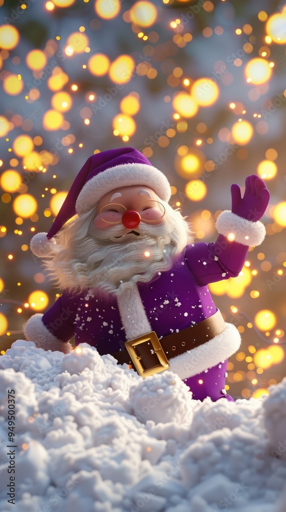 Deep purple Santa, 3D cartoon-style, exuberant among white snow, with golden yellow Christmas lights diffused behind. Deep purple Santa, 3D cartoon-style, exuberant among white snow, with golden yellow Christmas lights diffused behind.