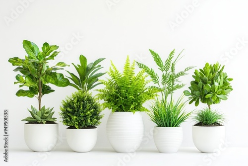 A collection of various indoor plants in white pots against a light background.