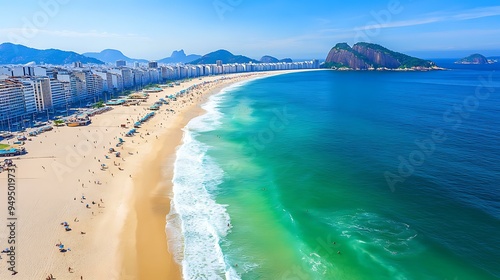 Fototapeta Naklejka Na Ścianę i Meble -  Aerial view of Copacabana Beach in Rio de Janeiro Brazil showcasing the iconic shoreline with gentle waves meeting the sandy beach and the vibrant cityscape in the background under a clear blue