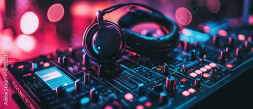 DJ Headphones and a Music Mixer with Pink and Blue Lights