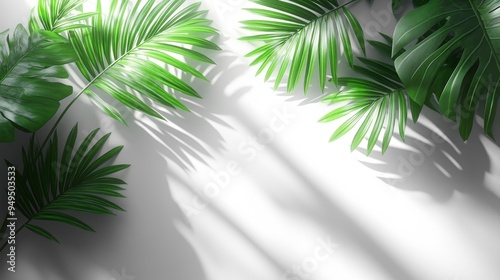 Tropical Green Palm Leaves with Shadows on a White Background Generative AI