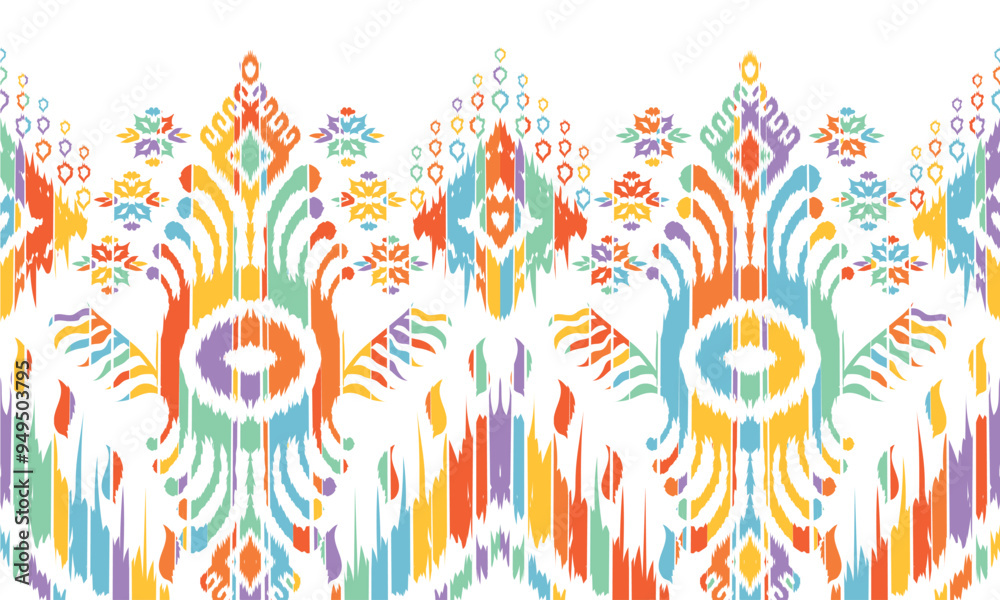 Fototapeta premium Ikat seamless pattern,geometric design,motif ethnic handmade, Ikat ethnic tribal,boho colors seamless wallpaper. for background,fabric,wrapping,clothing,wallpaper,Batik,carpet,embroidery style.