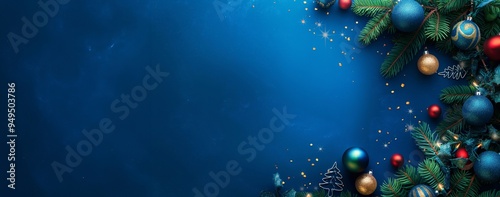 Festive christmas blue background with ornaments and fir branches on backdrop with copy space for personal message. Spread holiday cheer and celebrate the season
