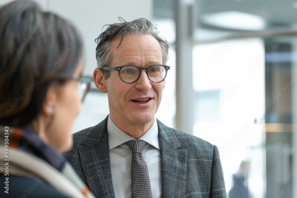 A professional man engages in conversation. He wears glasses and a stylish suit. The atmosphere is modern and friendly. This image captures corporate interactions. Generative AI A professional man engages in conversation. He wears glasses and a stylish suit. The atmosphere is modern and friendly. This image captures corporate interactions. Generative AI